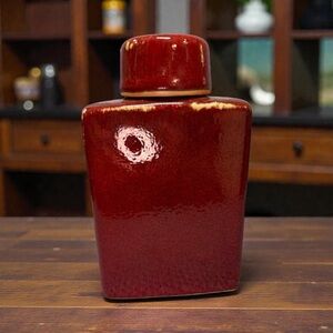 Vintage Glossy Red pottery bottle with lid